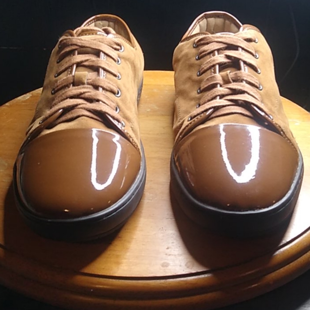 Patent leather and suede loafers